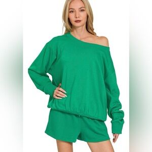 Zenana Fleece Boat Neck Sweatshirt and Shorts Set